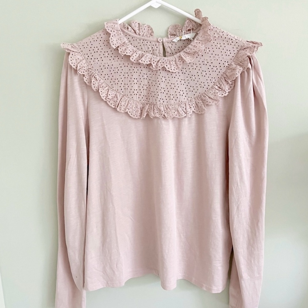 Boden Pink Eyelet Ruffle Collar Long Sleeve Top